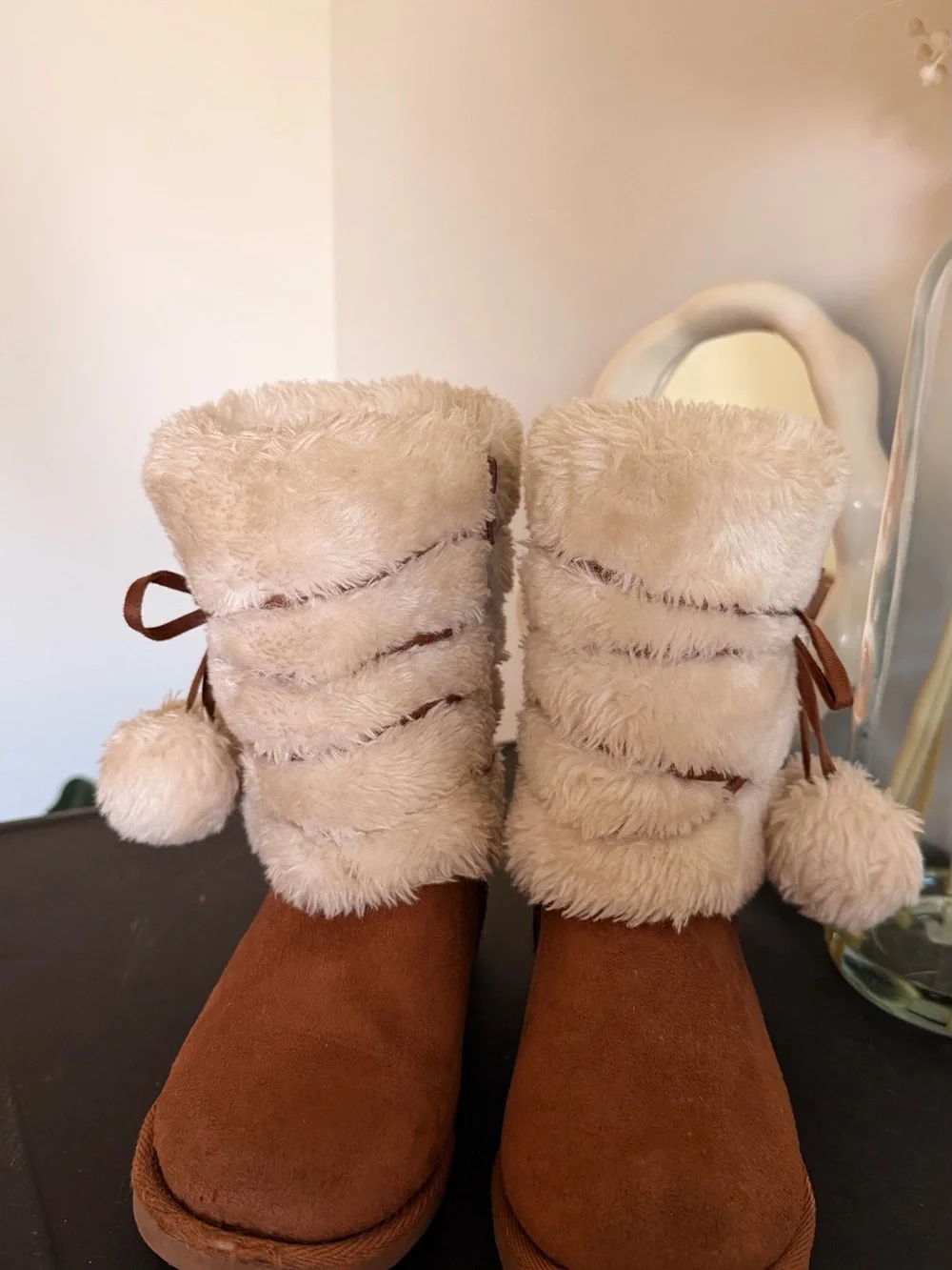 Kids Plush Winter Boots with Pom-Pom Tie - Cream & Brown
